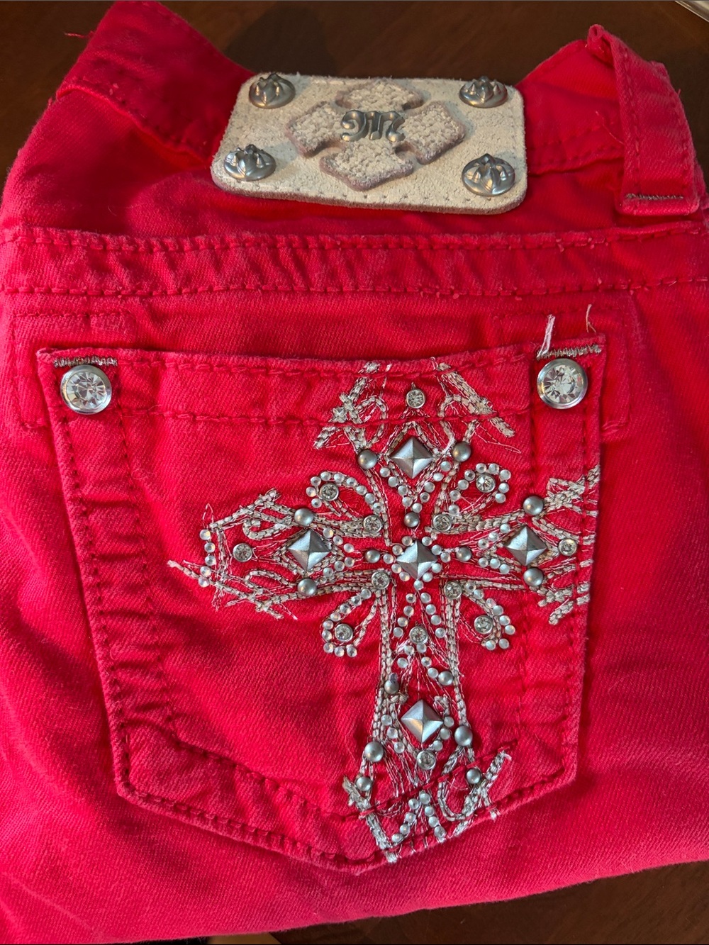Miss Me Women's Red Skinny Jeans with Rhinestone Cross
